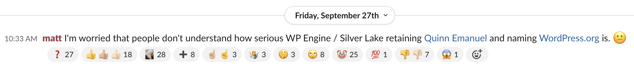 Screenshot of above quote from Matt Mullenweg in the Making WordPress Slack on Friday, September 27, 2024, at 10:33am ET.